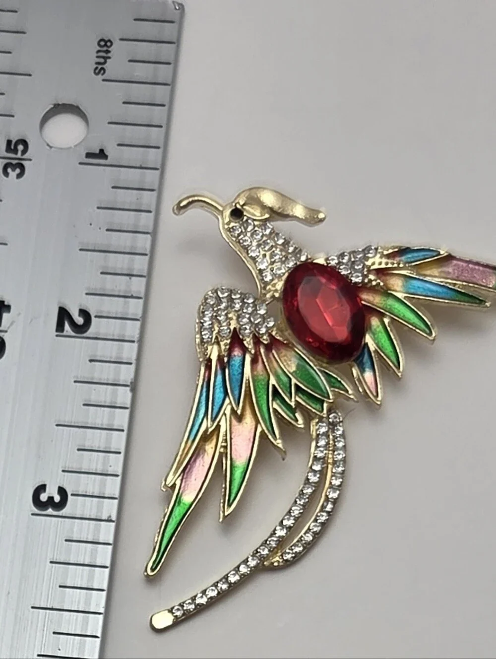 Gold-Tone Multicolor Bird Brooch with Red Center Gem
